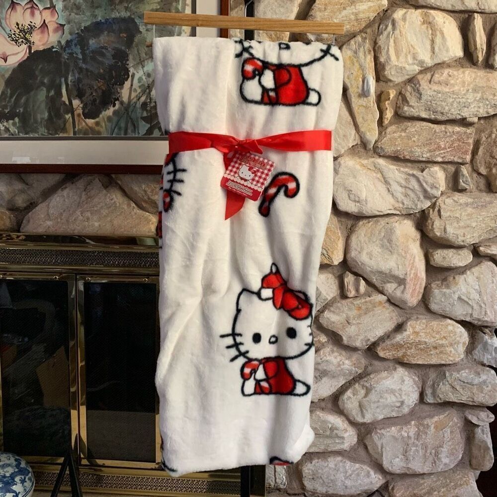 Hello Kitty faux rabbit fur Candy cane Christmas blanket holiday blanket